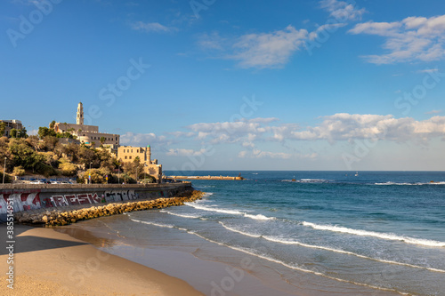 Panoramic view of Old City of Jaffa at Mediterranean coastline with seaside Jaffa beach in Tel Aviv Yafo, Israel