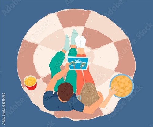 Man and girl on a date, romantic evening, watching a movie and flowers. Hobbie at home. Vector illustration.