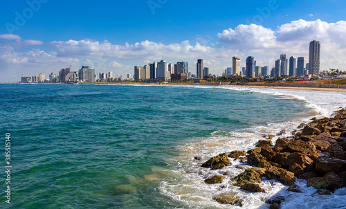 Panoramic view of downtown Tel Aviv with Charles Clore beach at Mediterranean coastline and business district of Tel Aviv Yafo, Israel