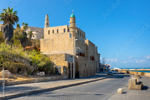 Tel Aviv Yafo, Gush Dan / Israel - 2017/10/11: The Sea Mosque - Al-Bahr - at Retzif HaAliya HaShniya street at Mediterranean coastline in Old City of Jaffa in Tel Aviv Yafo, Israel photo