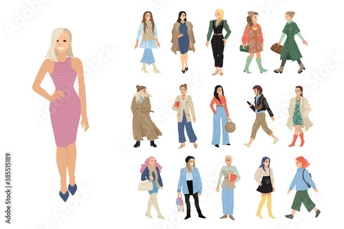 Set of women characters in different clothes on a white background. Vector illustration