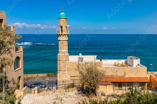 Tel Aviv Yafo, Gush Dan / Israel - 2017/10/11: The Sea Mosque - Al-Bahr - at Retzif HaAliya HaShniya street at Mediterranean coastline in Old City of Jaffa in Tel Aviv Yafo, Israel