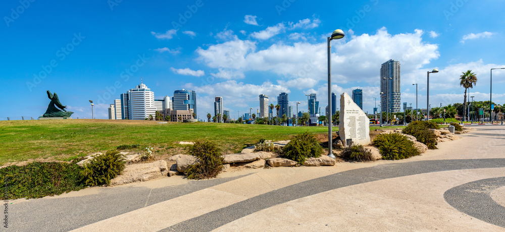 Panoramic view of downtown Tel Aviv at Mediterranean coast with business district, Etzel and Charles Clore park in Tel Aviv Yafo, Israel Panoramic view of downtown Tel Aviv at Mediterranean coast with business district, Etzel and Charles Clore park in Tel Aviv Yafo, Israel