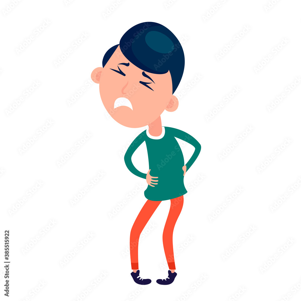 Backache problems. Pain in back, backache, ache, hurt, suffering. Backache low back pain. Guy suffering from Backache. Flat vector Backache problems. Pain in back, backache, ache, hurt, suffering. Backache low back pain. Guy suffering from Backache. Flat vector