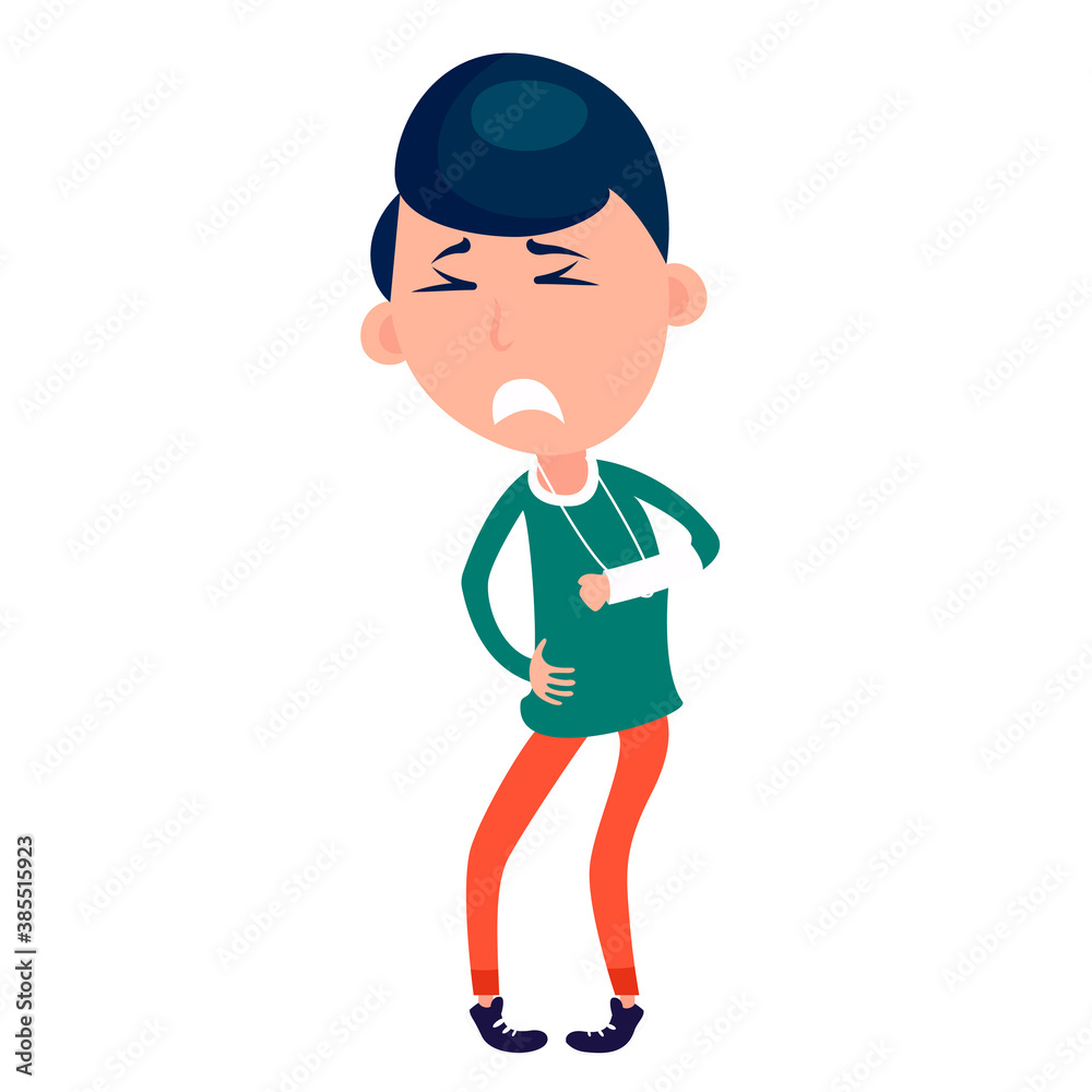 Boy with broken arm, white background, suffering from pain. Broken arm. Bone fracture, orthopedic plaster. Flat vector style. Man with plaster on the hand Boy with broken arm, white background, suffering from pain. Broken arm. Bone fracture, orthopedic plaster. Flat vector style. Man with plaster on the hand
