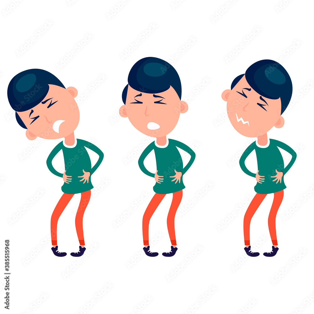 Men with stomach pain. Symptom of pain in the stomach, belly. Abdomen pain.  Flat vector  design. Boy with hands on stomach.