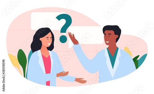The second medical opinion abstract concept. Two multi-racial doctors in white coats are talking, and there is question mark between them. Flat cartoon vector illustration