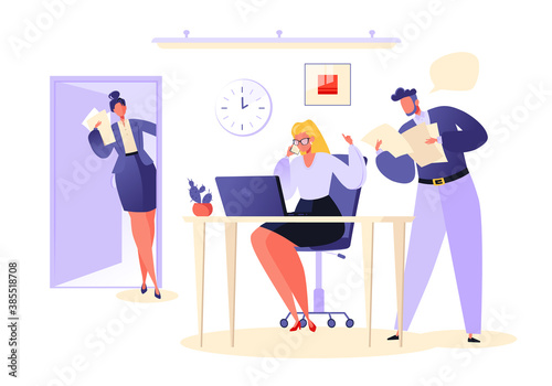 Super busy Lady Boss. Business woman solves several tasks at the same time. Woman receives an important call, at the same time subordinates brought her documents for signature and approval.