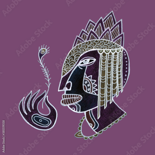 Decorative drawing of African woman holding feather, wearing headpiece jewelry.