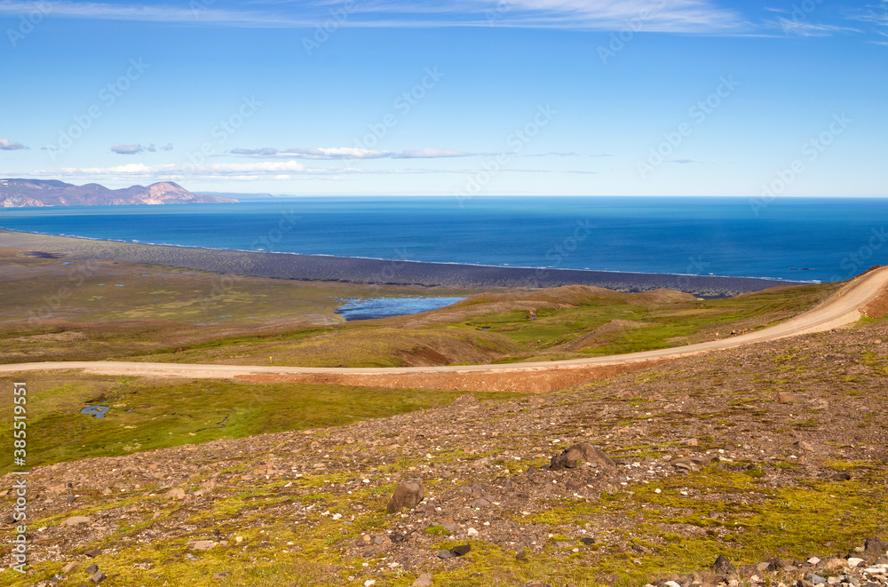 Beautiful coast line landscape. Borgarfjordur Eystri, East Iceland. View from a mountain top to Atlantic ocean.