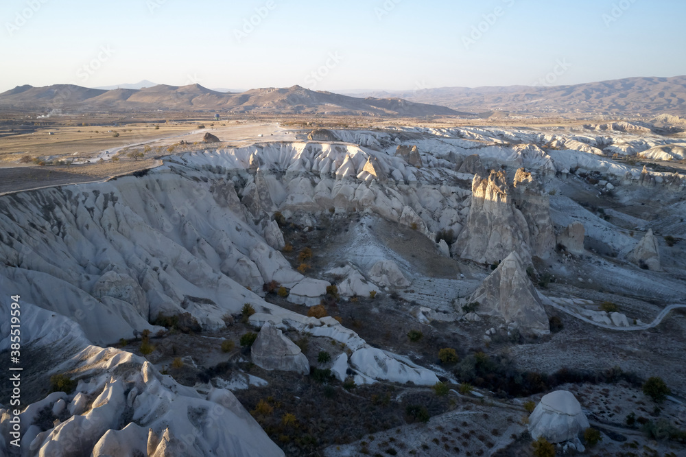 Picturesque rocky landscape at Cappadocia, Turkey. Valley with volcanic tuff stone rocks. Spectacular mountain view.
