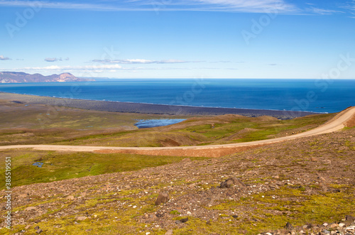 Beautiful coast line landscape. Borgarfjordur Eystri, East Iceland. View from a mountain top to Atlantic ocean.