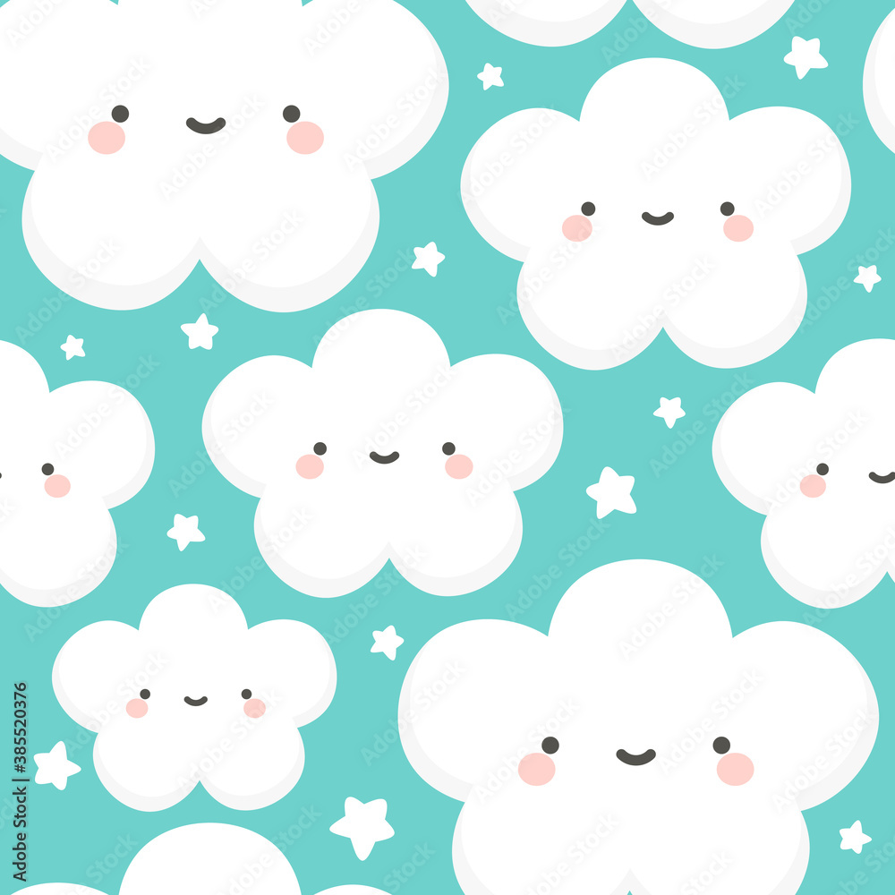 Cloud and Stars Cute Seamless Pattern, Cartoon Vector Illustration, Cartoon Background