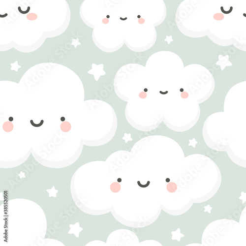 Cloud and Stars Cute Seamless Pattern, Cartoon Vector Illustration, Cartoon Background