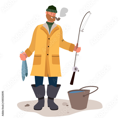 Fisherman flat icons. Fisherman holding fishing rod with caught fish.
