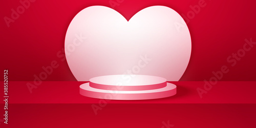 Realistic round podium or pedestal with red empty studio room, minimal product heart shape background, template mock up for display, valentines day, geometric shape