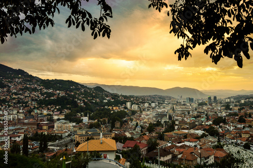 The landscape panorama view of Sarajevo town, capital of Bosnia and Herzegovina, from Žuta Tabija (yellow fortress) photo