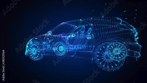 3d model car of glowing dots. Motion looping animation in 3d virtual space. 4k UHD.