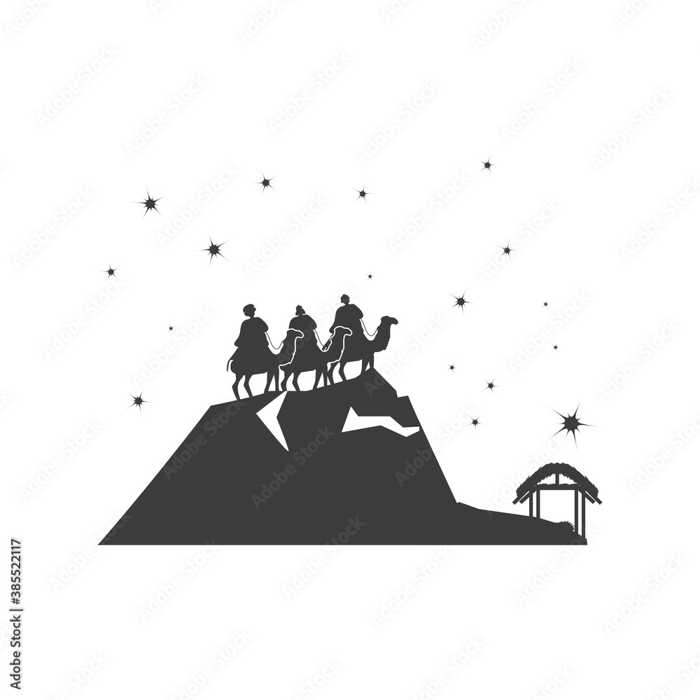 nativity, three wise men riding camels looking star, traditional ...
