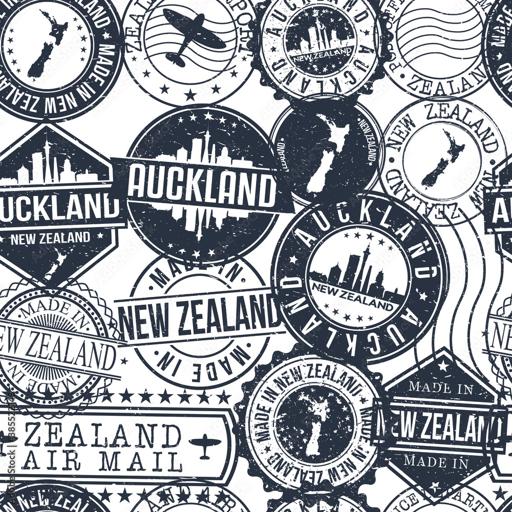 Auckland New Zealand Stamps Background. City Stamp Vector Art. Postal Passport Travel. Design Set Pattern.