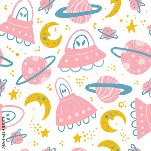 Hand drawn space elements seamless pattern. Space background. Space doodle illustration. Vector illustration. Seamless pattern with cartoon space rockets, planets, stars, slogans