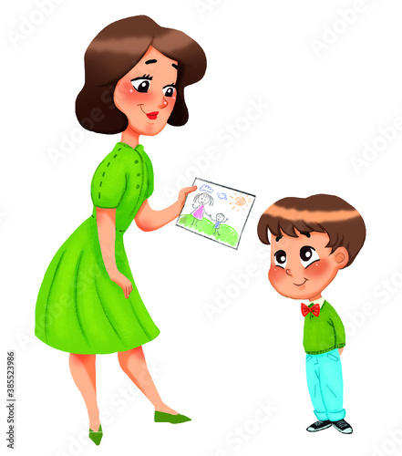 Beautiful mother in green dress gets gift from cute little boy