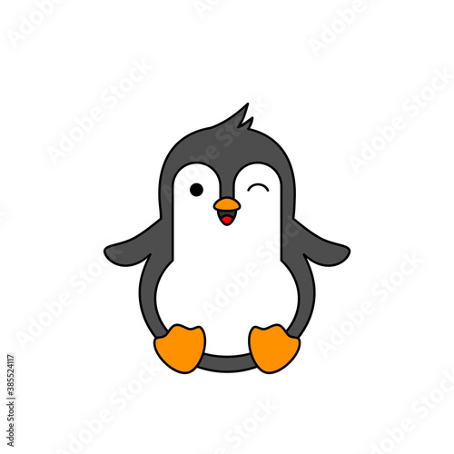 Cute penguin winking. Kawaii baby penguin smiles. Happy penguin sitting or sliding. Funny cartoon bird character. Winter theme animal. Isolated on white background. Vector illustration,flat,clip art