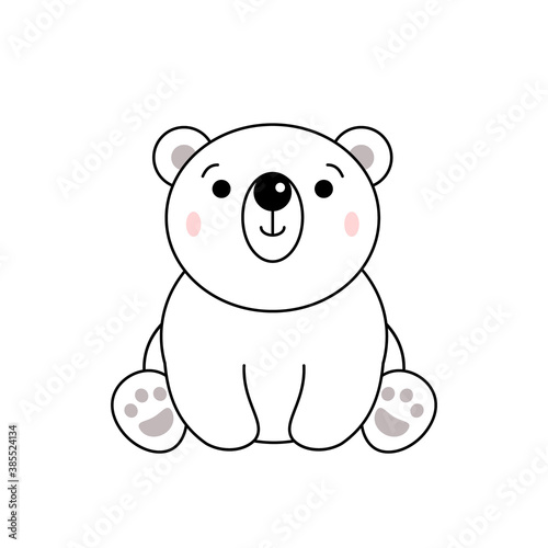 Shy cute polar bear sitting looking curious. Kawaii ice bear smiles. Funny white bear cartoon character. Winter theme animal. Isolated on white background, outline. Vector illustration,flat, clip art 