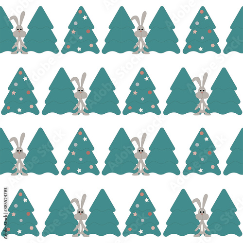 Seamless New Year s pattern with fir trees and hares.