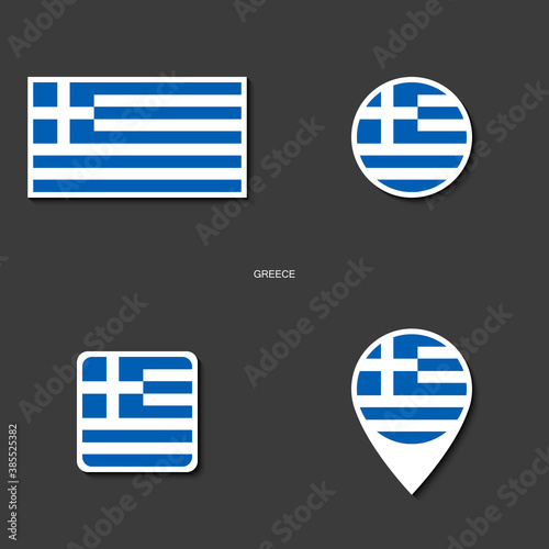 Greece flag icon set with rectangle, circle, square and marker icon on dark grey background. Greek flag collection on barely dark background.