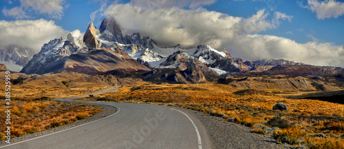 Road to the mountains, autumn mountain landscape sunset scenery, Patagonia 