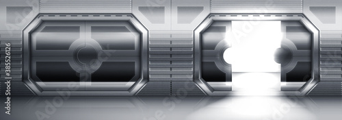 Futuristic metal sliding doors in spaceship, submarine or laboratory. Vector realistic interior of empty hallway with open and closed steel gates. Stainless doors in spacecraft or lab