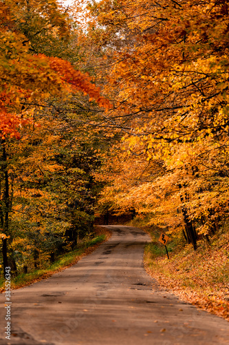 A country road in the Kettle Moraine winds through the blazing autumn colors of Wisconsin © Craig A Walker