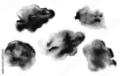 Abstract black watercolor cloud blot painting background. Texture paper. Isolated. Collection.