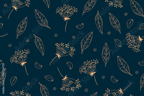 Seamless pattern from the set for pickles vegetables. Bay leaf, dill umbrellas, garlic, peppercorns. Vector background. Doodle illustrations drawn by hand