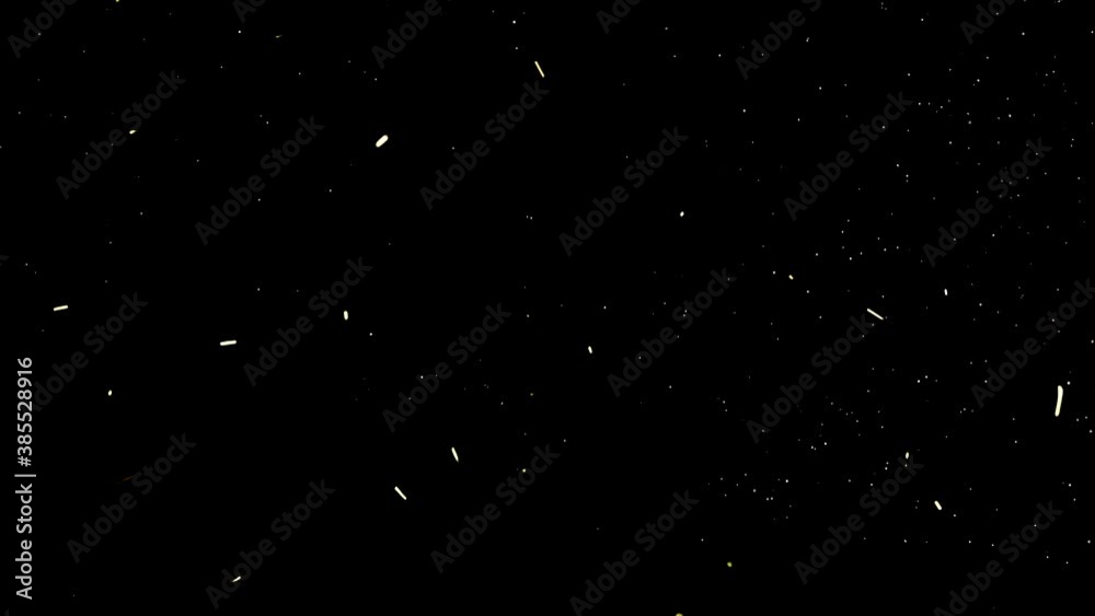 Red balloon explodes with spreading and flying golden tinsel and red stars slow motion isolated on black backdrop copy space. Festive mood, fun atmosphere, Christmas holidays concept.