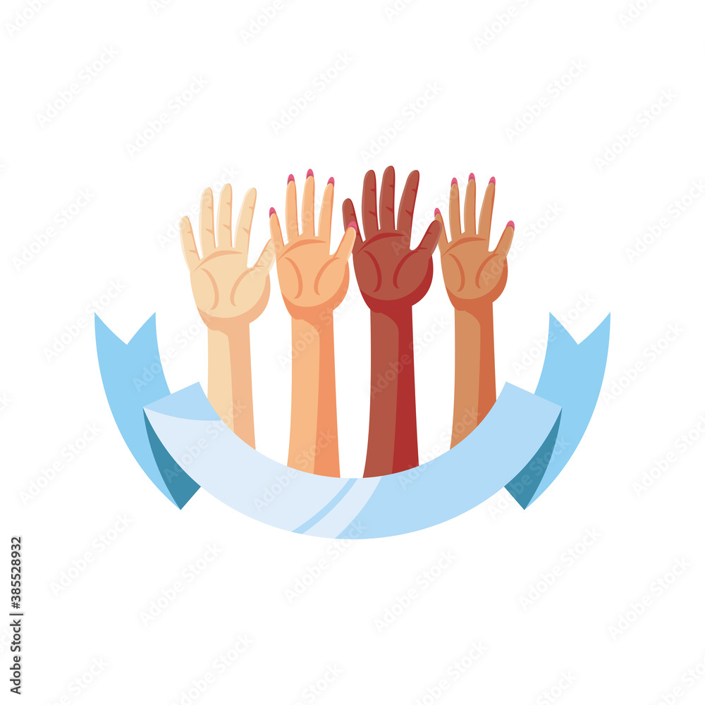 Obraz premium international human rights, diversity raised hands with ribbon detailed