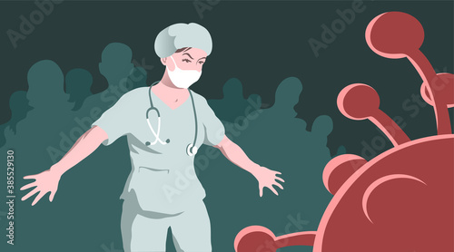 Doctor woman saves people from coronavirus. Courageous hero. Vector illustration concept.