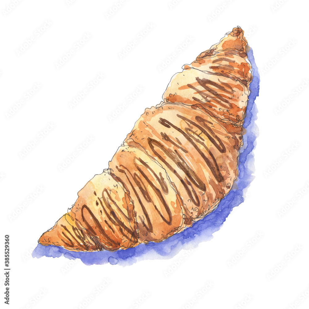 Bright yummy croissant with chocolate hand drawn in watercolor sketching style. Bakery, pastry, cook, kitchen design element. Food illustration. Bright yummy croissant with chocolate hand drawn in watercolor sketching style. Bakery, pastry, cook, kitchen design element. Food illustration.