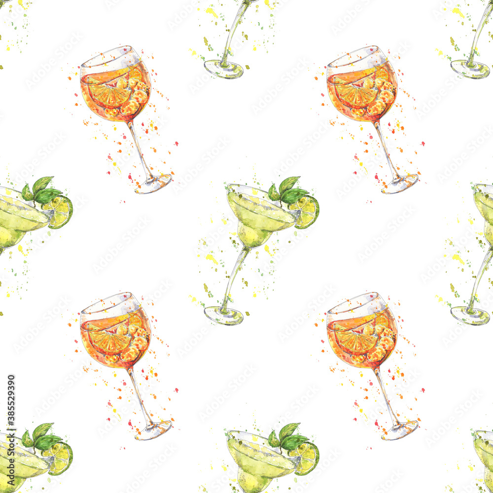 Bright juicy seamless pattern with cocktails Spritz, Margarita hand ...