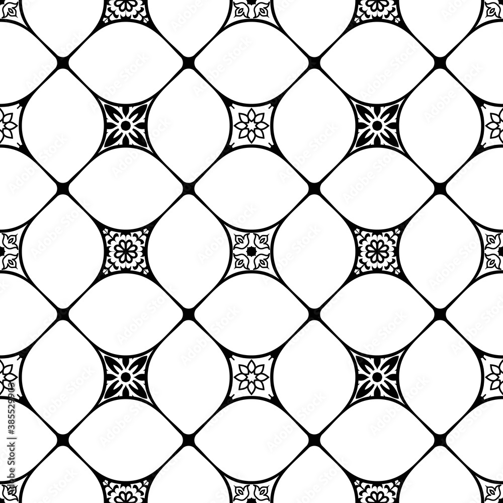 Naklejka premium Seamless patchwork tile in black and white. Majolica pottery tile. Portuguese and Spain decor. Azulejo. Ceramic tile in talavera style. Mosaic tile. Vector pattern