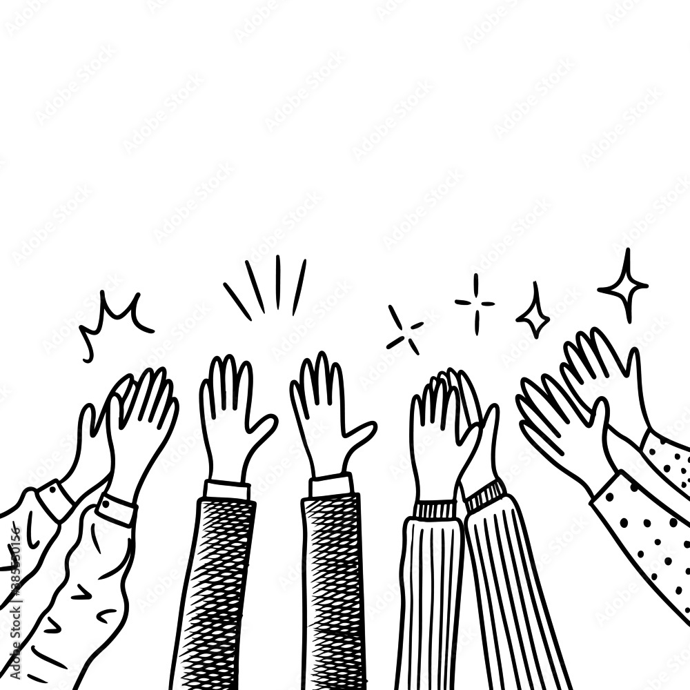 hand drawn of hands clapping ovation. applause, thumbs up gesture, People applaud. doodle vector illustration.