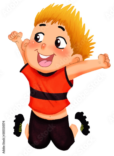 Soccer jumping smiling blondhaired boy