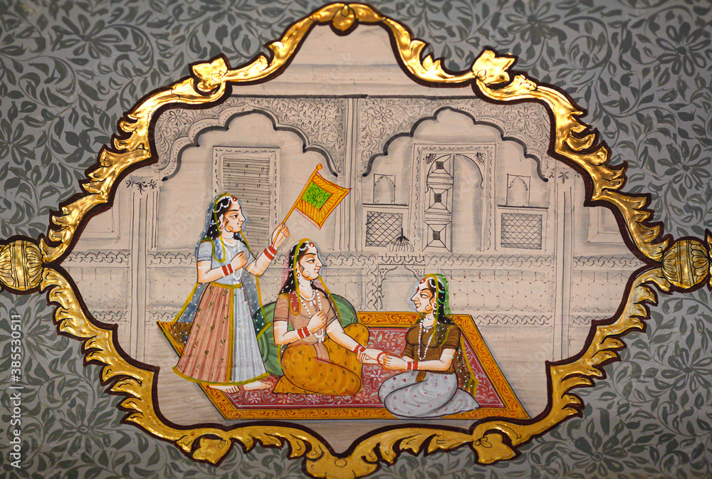 Obraz premium Honorable Indian woman in dressing room - ancient wall painting of Patwon Ki Haveli. A haveli is a traditional townhouse or mansion in India.