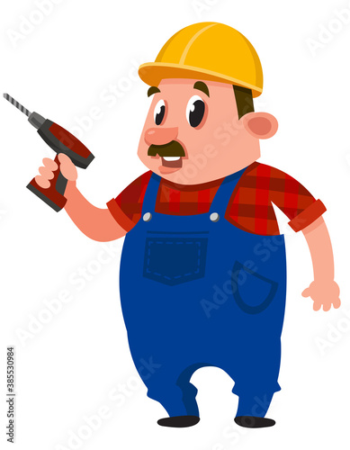Builder holding screwdriver. Male character in cartoon style.