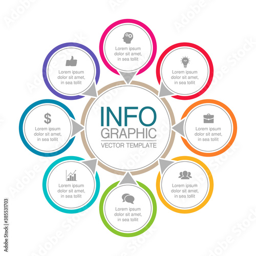 Vector infographic template, circle with 8steps or options. Data presentation, business concept design for web, brochure, diagram.