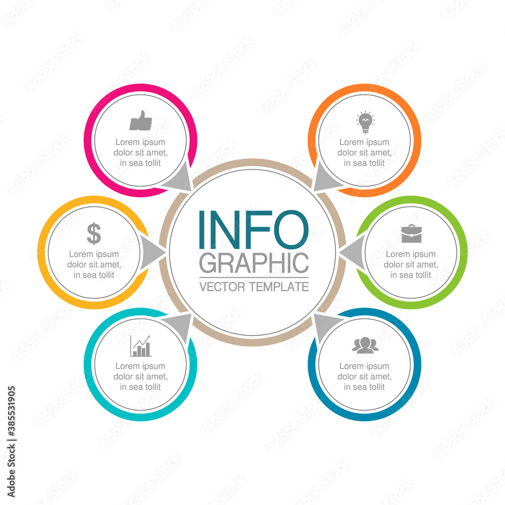Vector infographic template, circle with 6 steps or options. Data presentation, business concept design for web, brochure, diagram.