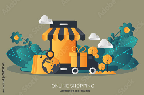 On line shopping and payment Methods. Mobile payments. Pay per click and online order. Flat vector illustration