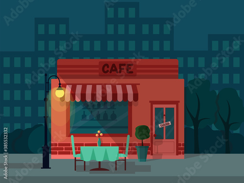 Background with night city and closed cafe, vector illustration