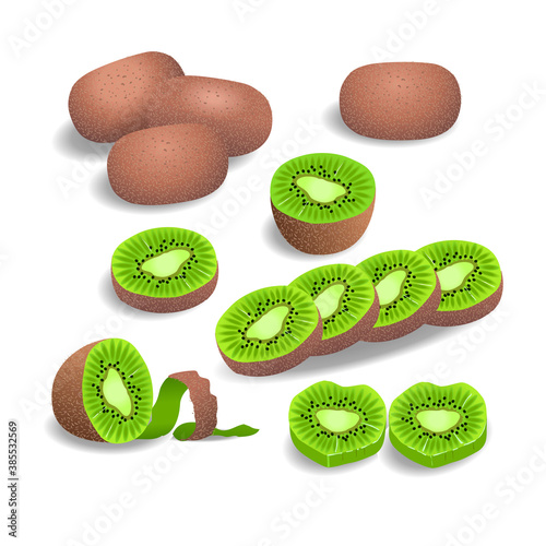 Set of colorful half slice and whole of fresh kiwi isolated on white background